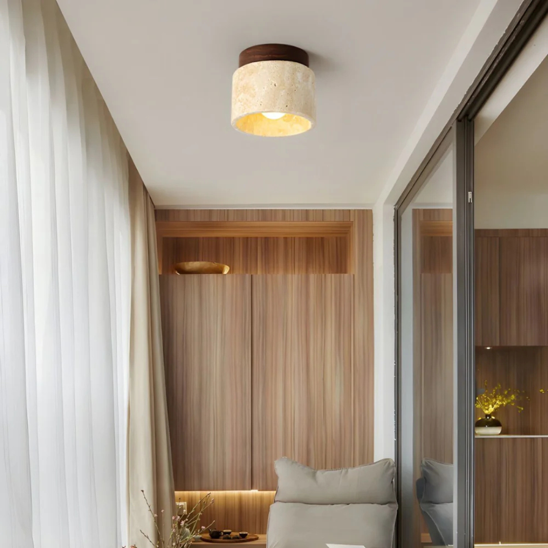 Mirrorra - Cylindrical Travertine Ceiling Lamp With Wood Accent