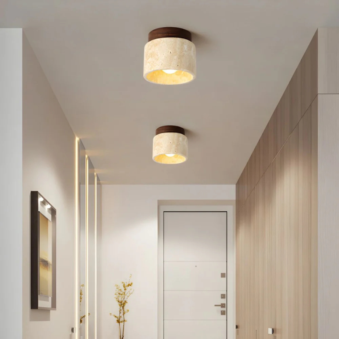 Mirrorra - Cylindrical Travertine Ceiling Lamp With Wood Accent