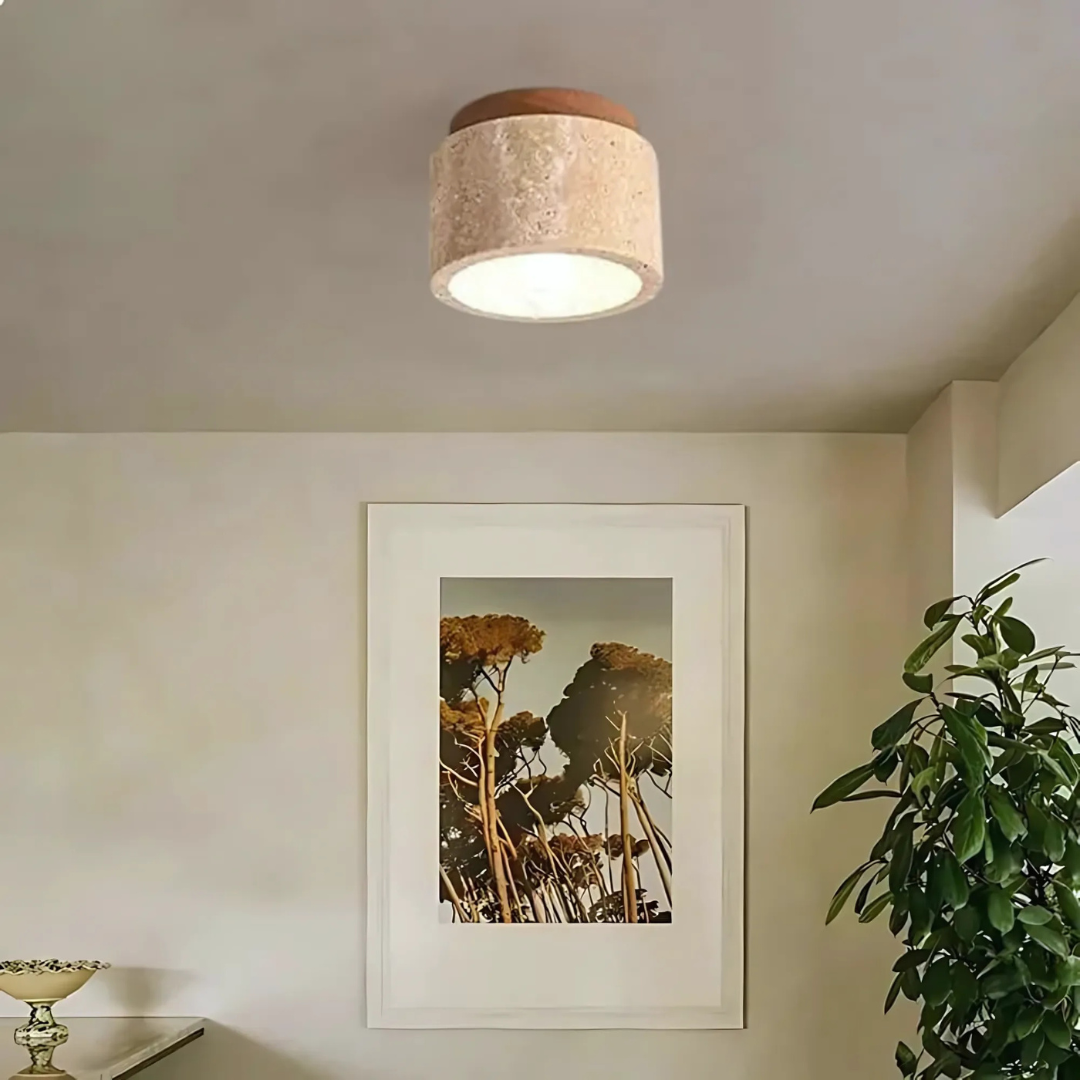 Mirrorra - Cylindrical Travertine Ceiling Lamp With Wood Accent